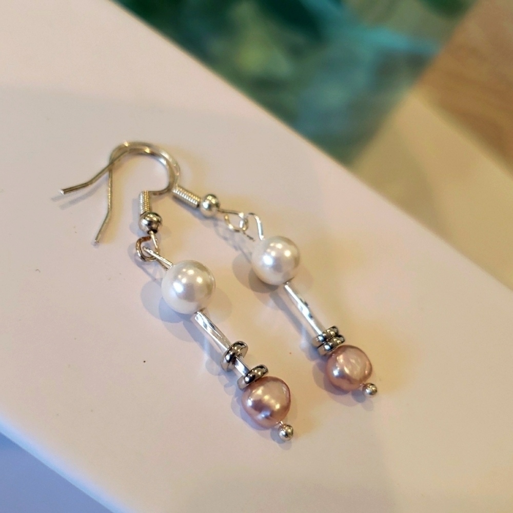 NWT 925 Sterling Silver Rose Pearls Crystals DROP DANGLE EARRINGS 1" Authentic